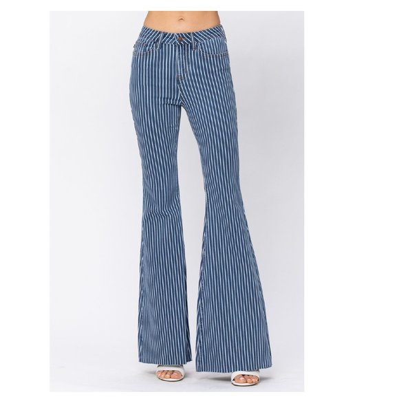 Judy Blue Denim - Judy Blue Striped High Rise Flare Skinny Pants Jeans